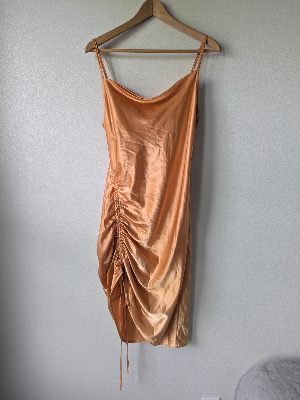 Cider Satin Ruched Slip Dress in Golden Peach Size S